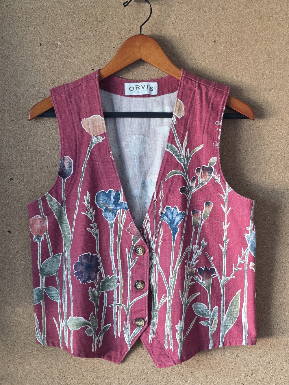 Orvis VTG 90s Botanical Wildflower Vest S Pink Red Cotton Linen Cottagecore Y2K